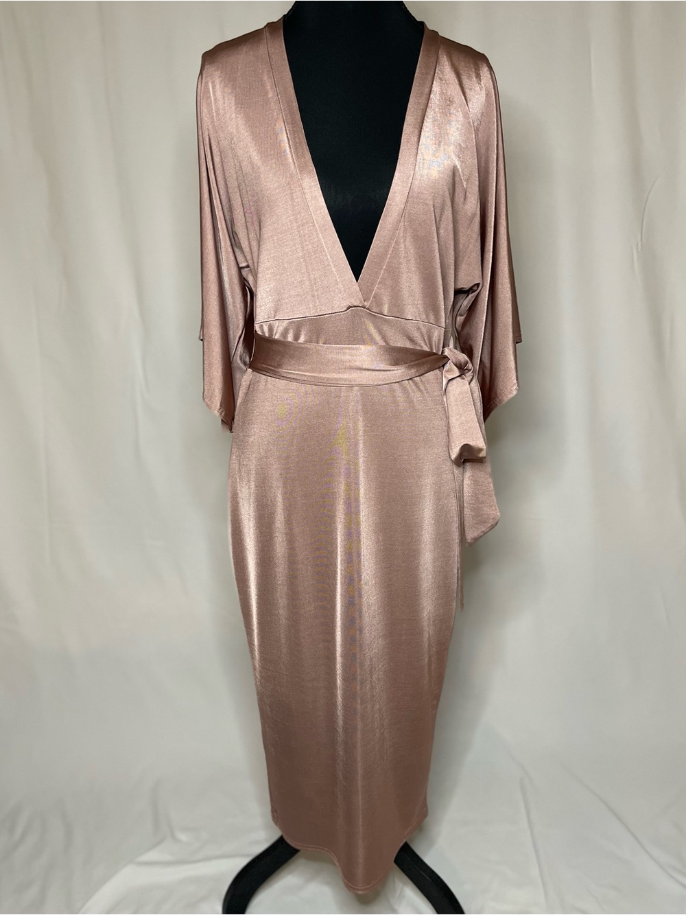 Boohoo Satin Wrap-Style Midi Dress in Dusty Rose